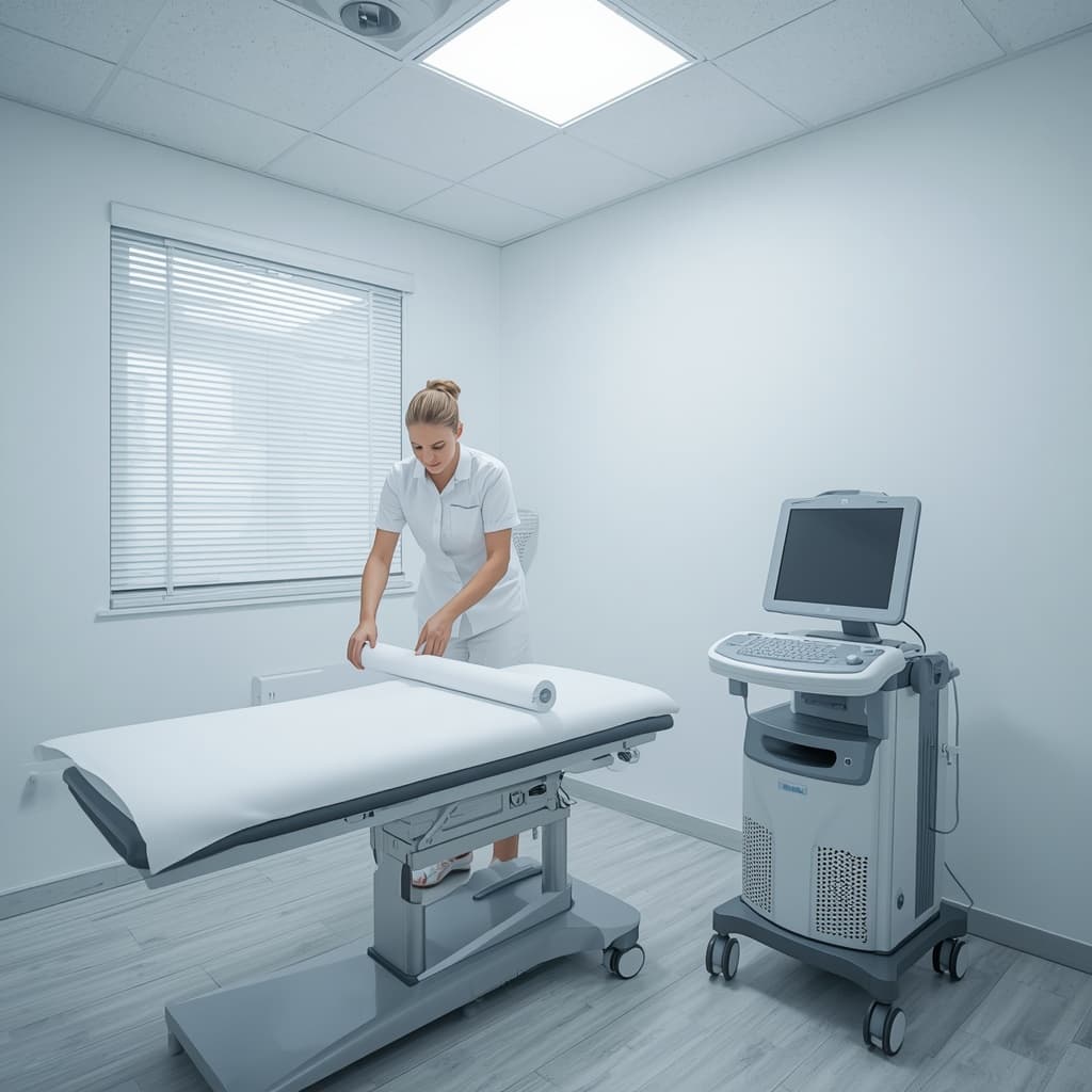 MFA bereitet Behandlungsraum vor – Orthopädie, Untersuchungsliege und Geräte