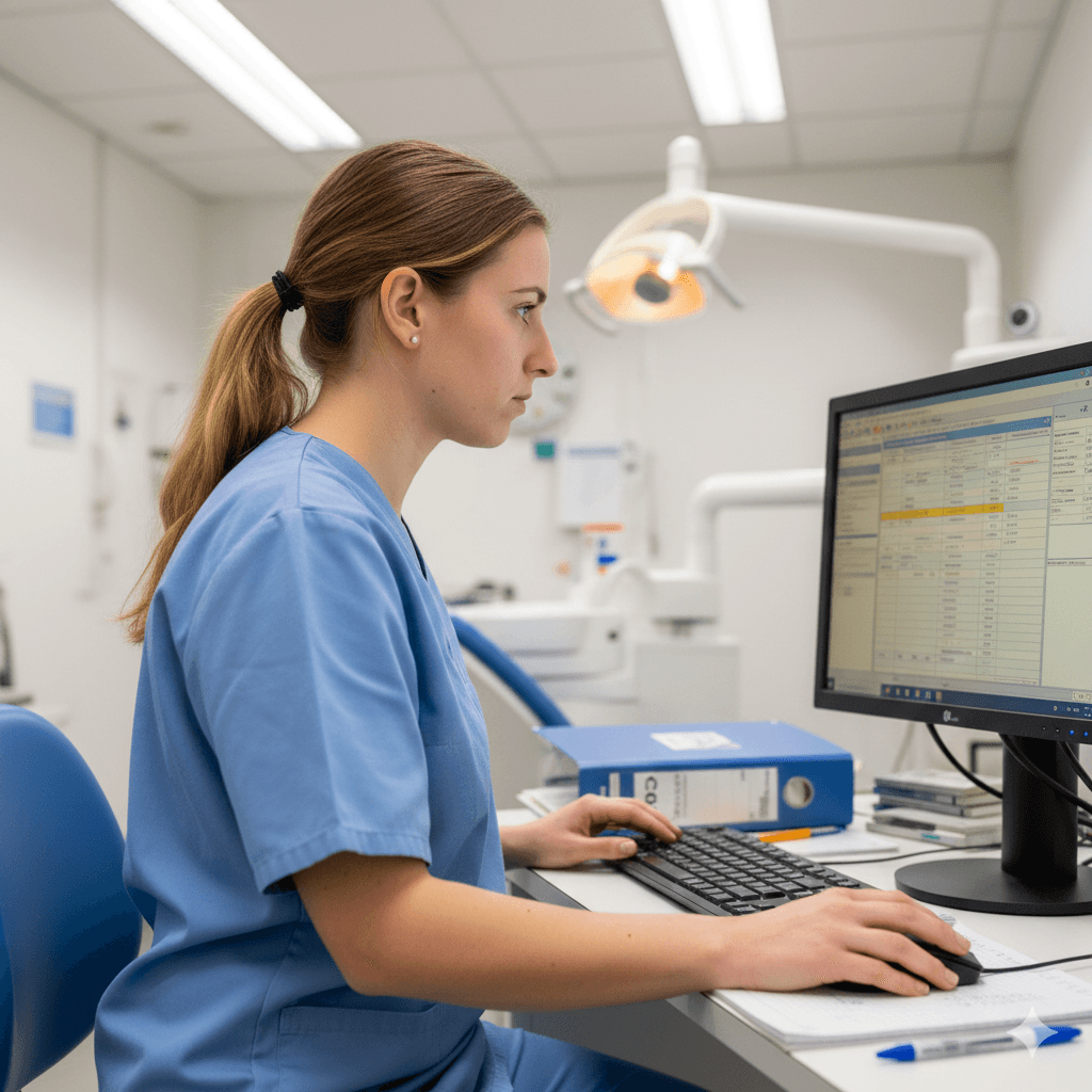 Medizinische Fachangestellte bei der EBM/GOÄ Abrechnung am Computer in moderner Arztpraxis