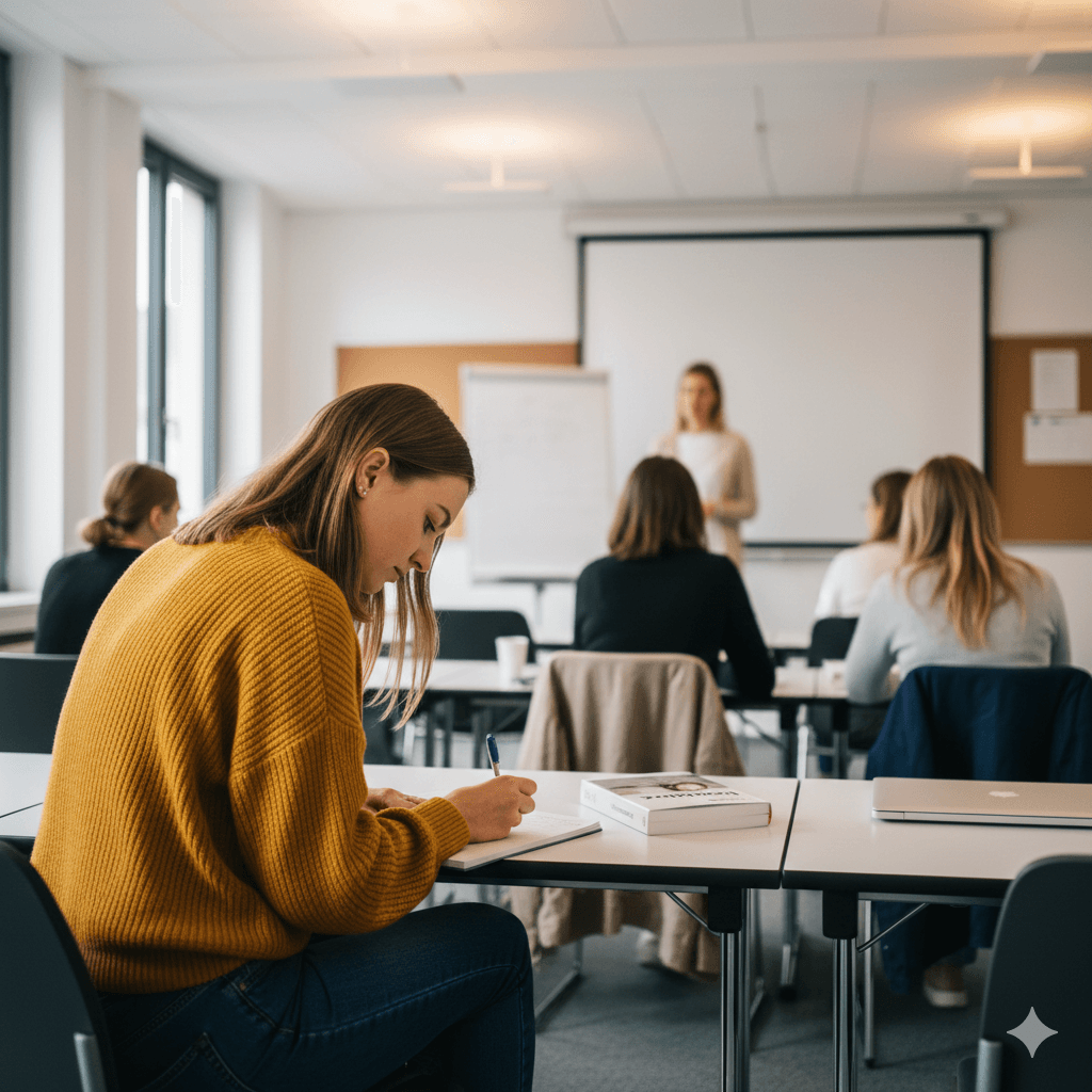 MFA bei Fortbildung - Teilnehmerin macht Notizen während eines Seminars für Medizinische Fachangestellte