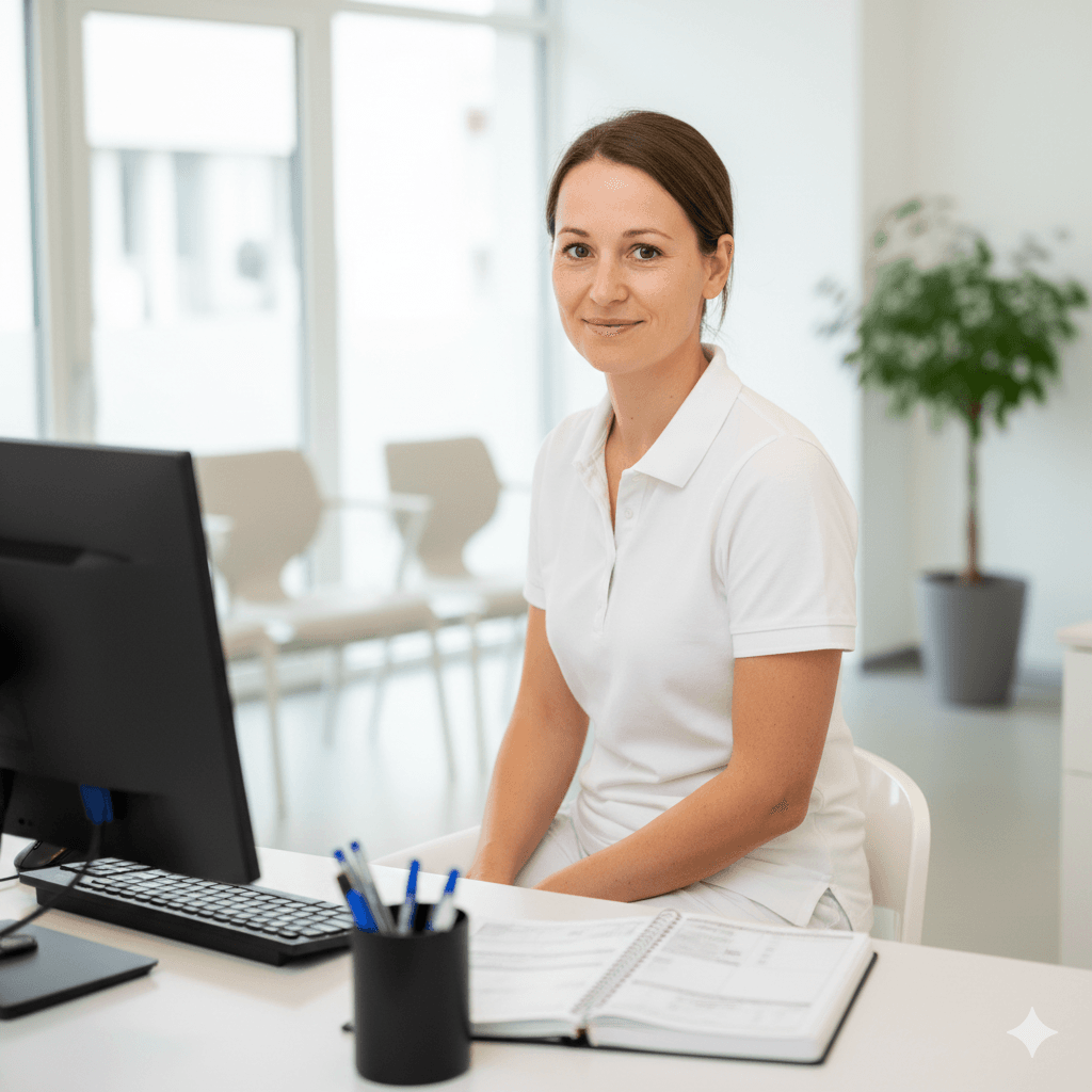 Medizinische Fachangestellte am Empfang - professionelle Arbeitsumgebung in moderner Arztpraxis