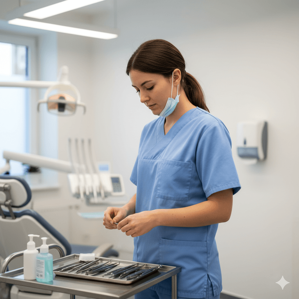 Medizinische Fachangestellte bei der Arbeit - Instrumentenvorbereitung im Behandlungsraum einer modernen Arztpraxis