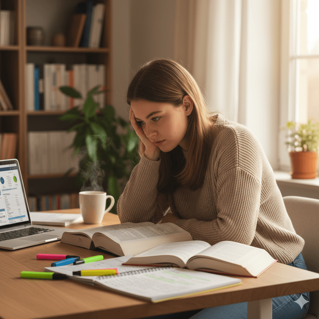 MFA Prüfungsvorbereitung - Medizinische Fachangestellte lernt zu Hause für die Abschlussprüfung