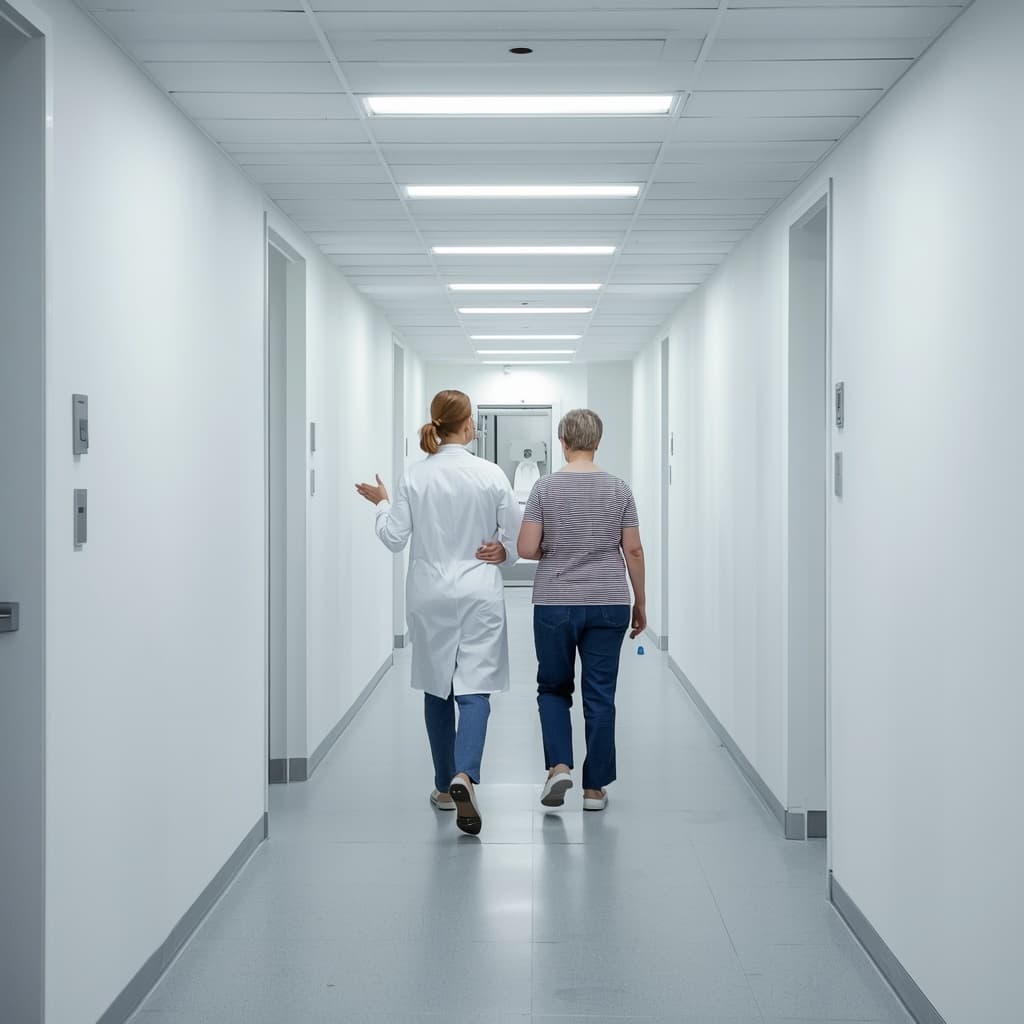 MFA begleitet Patientin durch den Korridor zum Untersuchungsraum – radiologische Praxis