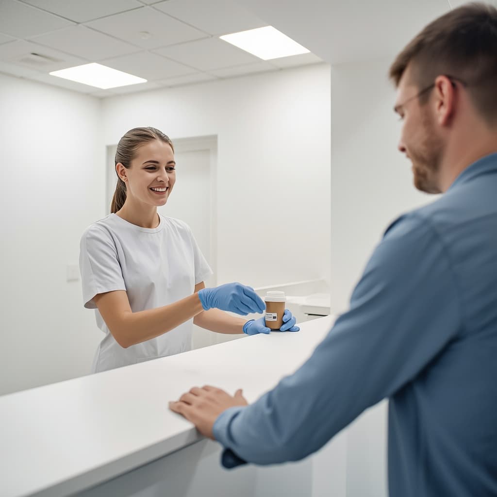 MFA übergibt Probenbehälter an Patienten – Urologie Diagnostik